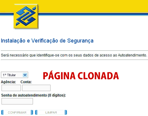 Página clonada do Banco do Brasil