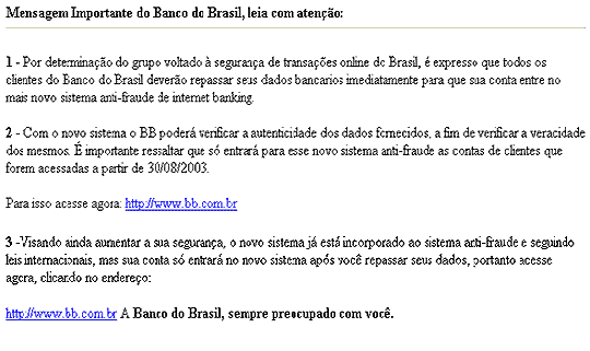 Falsa mensagem do Banco do Brasil