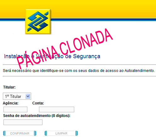 Página clonada do Banco do Brasil