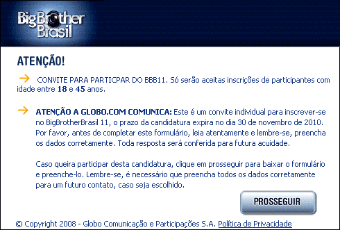 Convite para o Big Brother Brasil 11 - BBB11