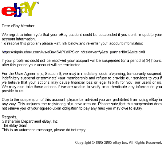 Falsa mensagem da Ebay