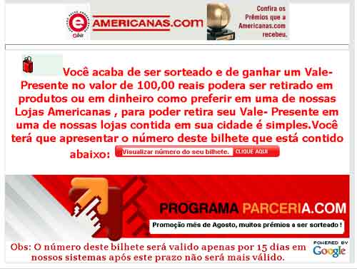 Falsa mensagem lojas Americanas