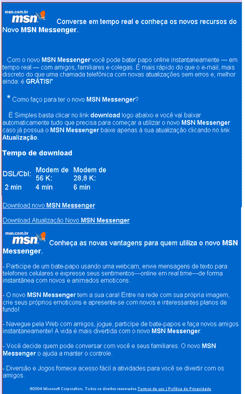Falsa atualização para o MSN Messenger