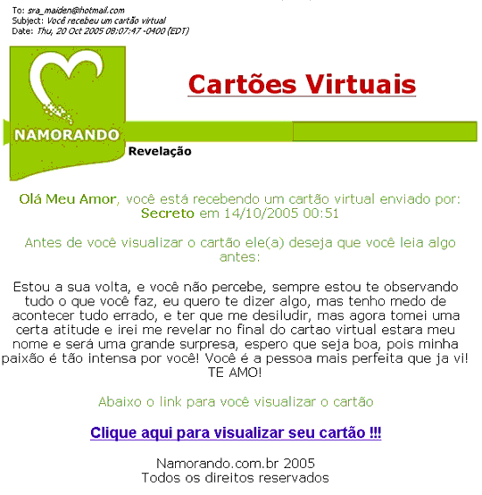 Falso cartão virtual de Namorando instala trojan horse, cavalo de tróia